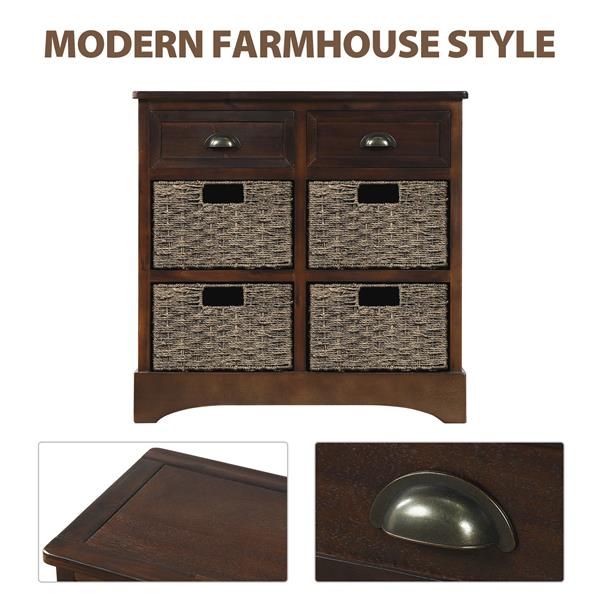 Espresso Rustic Dining/Living Room Storage Cabinet with Two Drawers and Four Classic Rattan Baskets