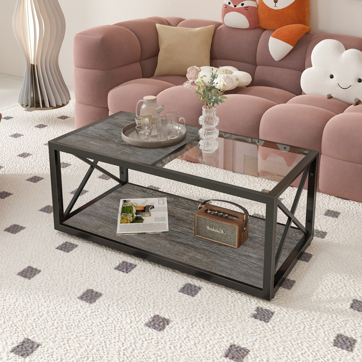 Natural Rattan Coffee  Mid-Century Center Table for Small Space Table with Sliding Doors & Open Storage Shelf