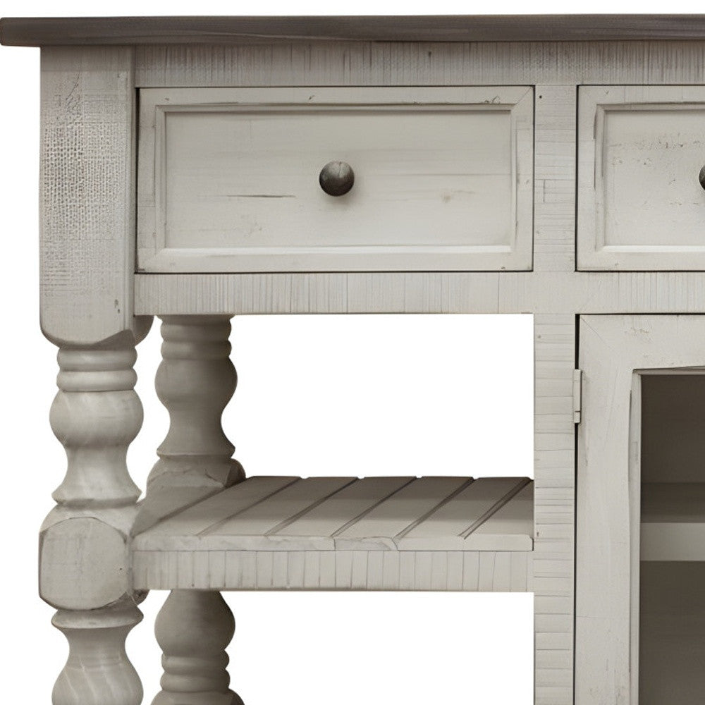 HMS 81 Ivory Solid Wood Open Shelving Distressed TV Stand Handcrafted with Distinctive Distress Finish