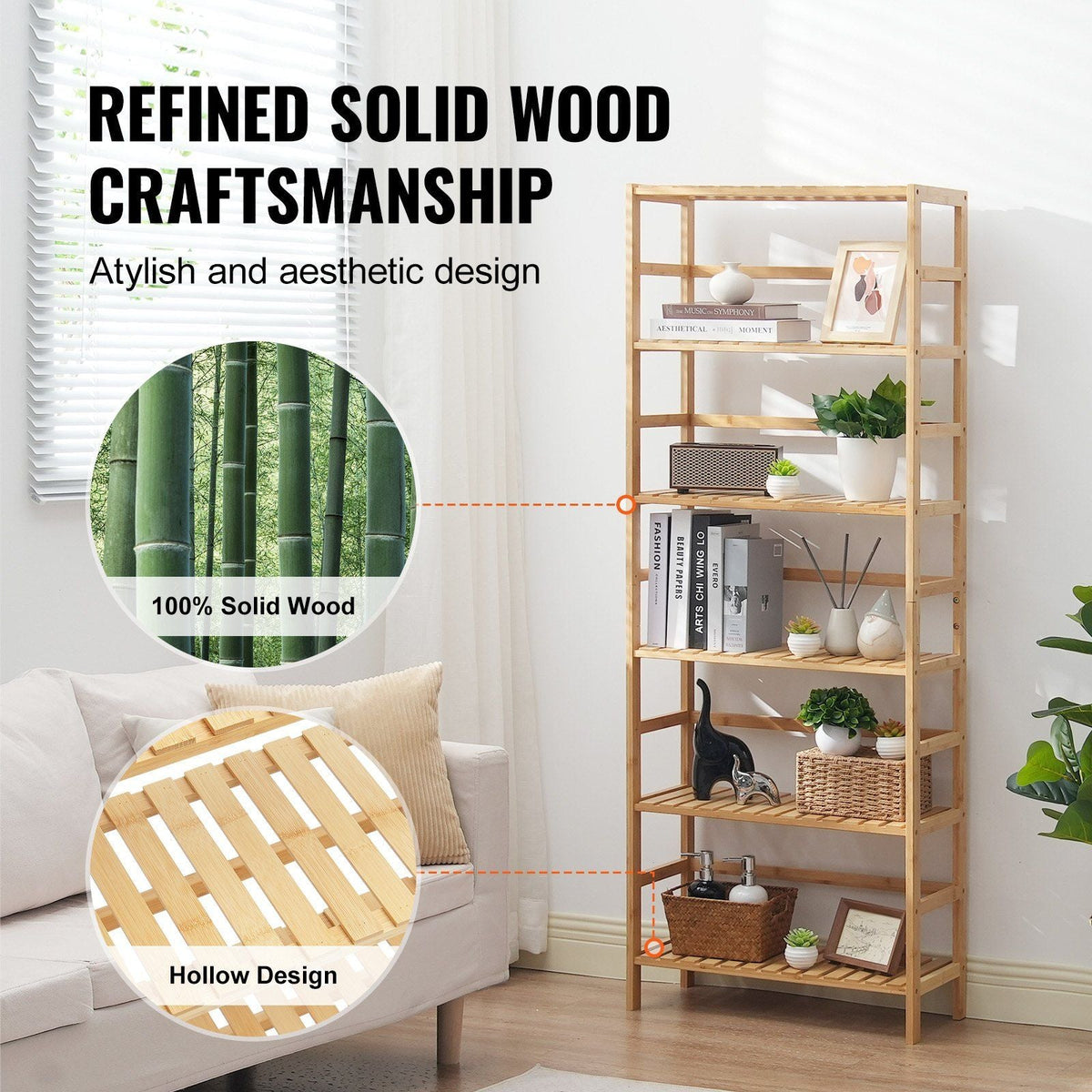 6-Tier Bamboo Ladder Bookcase Rectangle Storage Rack Bookshelf Eco-Friendly and Stylish Bookcase