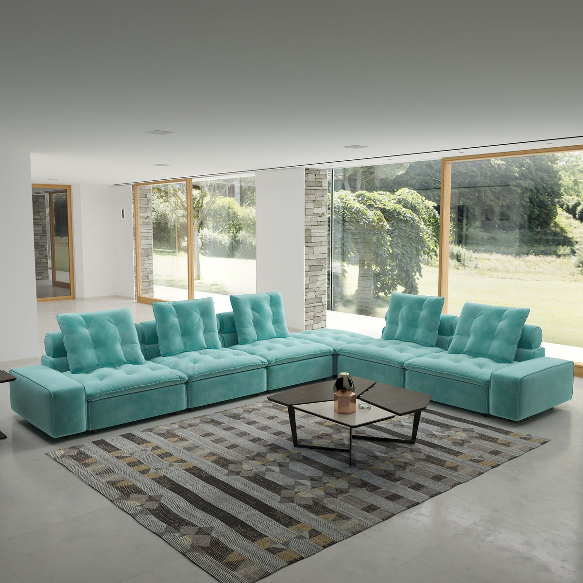 ATUNUS USA in Stock Drop Shipping Tiffany Blue Pet-Friendly Velvet Modular 7 Seater Sectional Sofa Set Scratch Proof Miami Couch