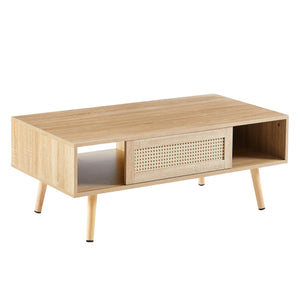 Rattan Coffee Table with Sliding Doors & Open Storage Shelf, Mid-Century Center Table for Small Space, Natural