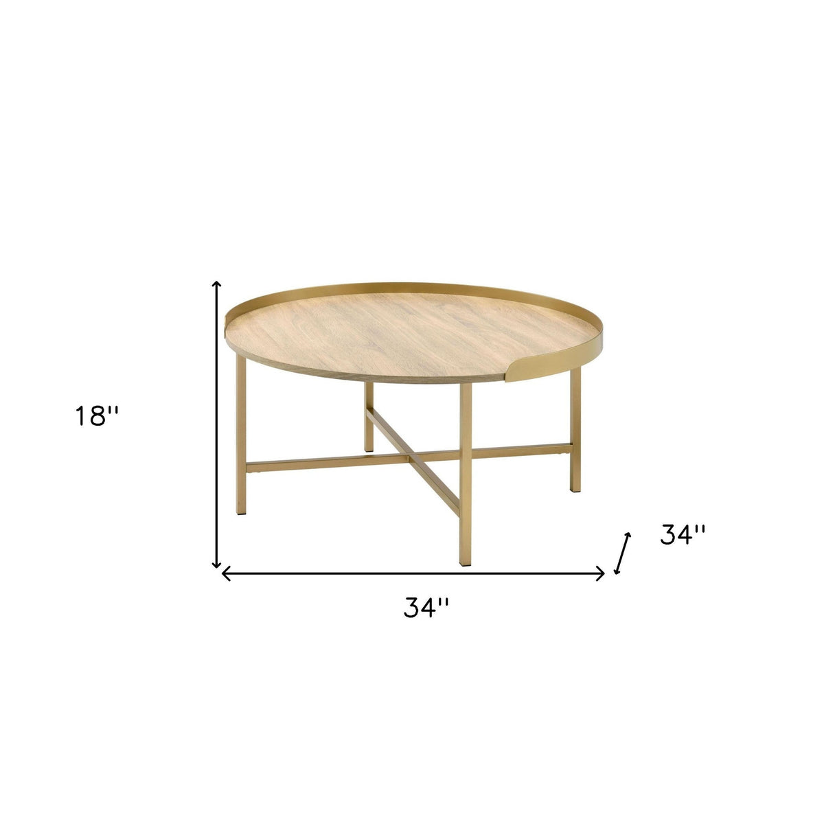HMS 34\" Convertible Oak and Gold Wood and Metal Round Sled Coffee Table Farmhouse Style Tea Table for Living Room Use
