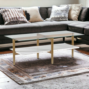 HMS 47\" Gold Tempered Glass and Steel Coffee Table with Shelf Living Room Furniture for Entry Sintered Stone Material