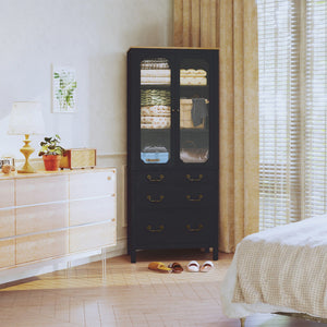 Free Standing Tall Storage Utility Cupboard Kitchen Pantry Cabinet Tempered Glass Doors Adjustable Shelves for Living Room