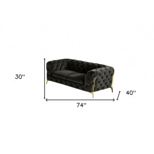 HMS 74 Dark Gray and Gold Velour Chesterfield Loveseat High-End 2-Seater Furniture for Living Rooms
