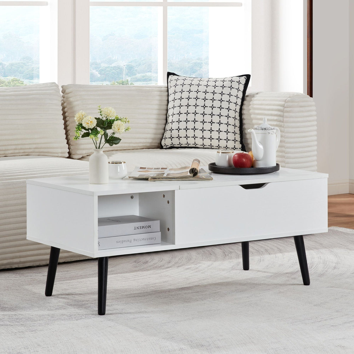 39\" White Lift Top Coffee Table with Hidden Compartment and Storage Shelf for Living Room or Reception Wood Material