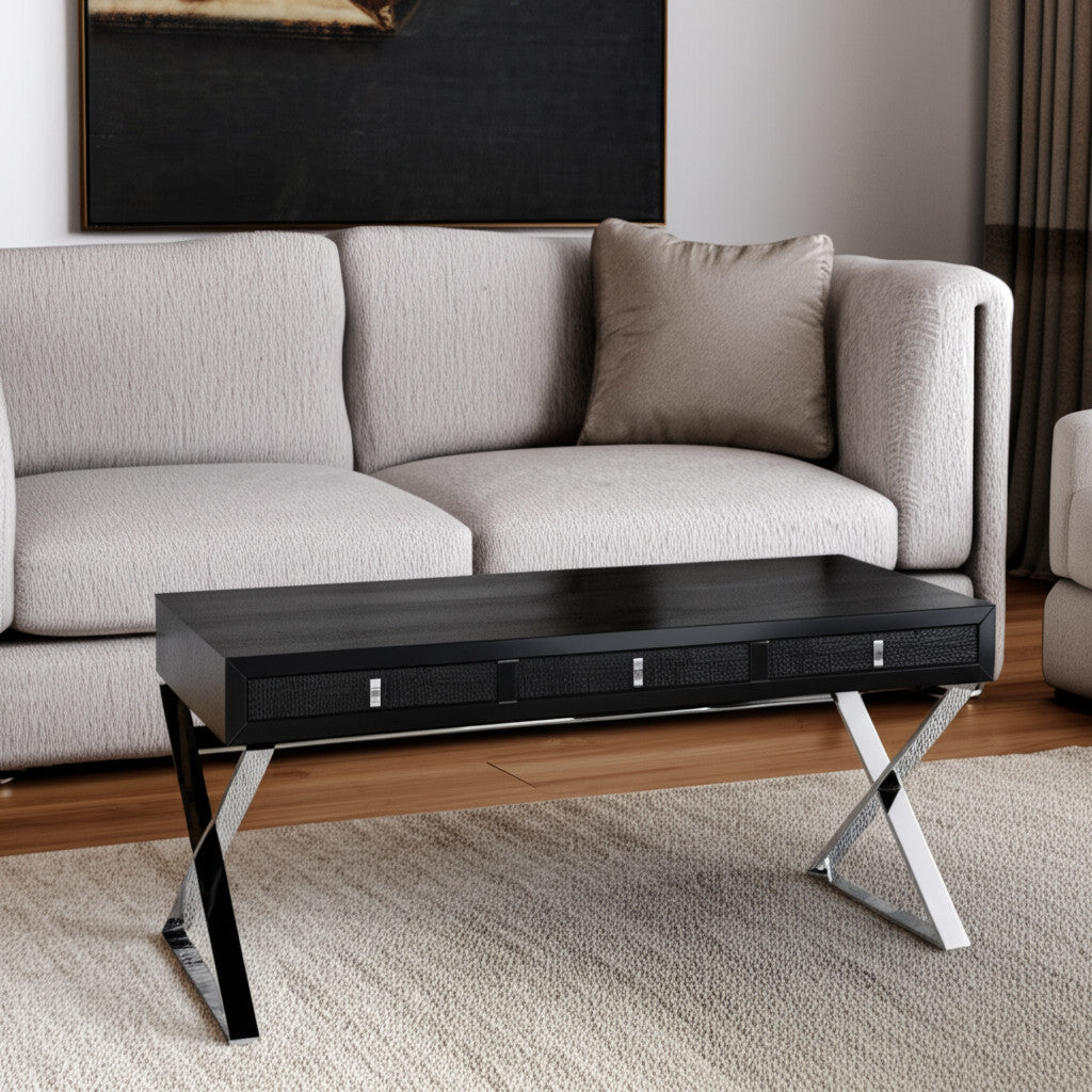 HMS 57 Black and Silver Coffee Table with Cross Legs Wood and Stainless Steel Featuring Three Drawers