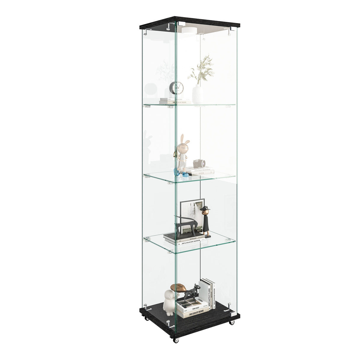 Modern Glass Display Cabinet with LED Lights Black Kitchen Cabinets Storage Cabinet with Wheels Living Room Furniture