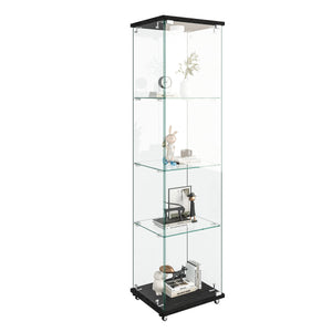 Modern Glass Display Cabinet with LED Lights Black Kitchen Cabinets Storage Cabinet with Wheels Living Room Furniture