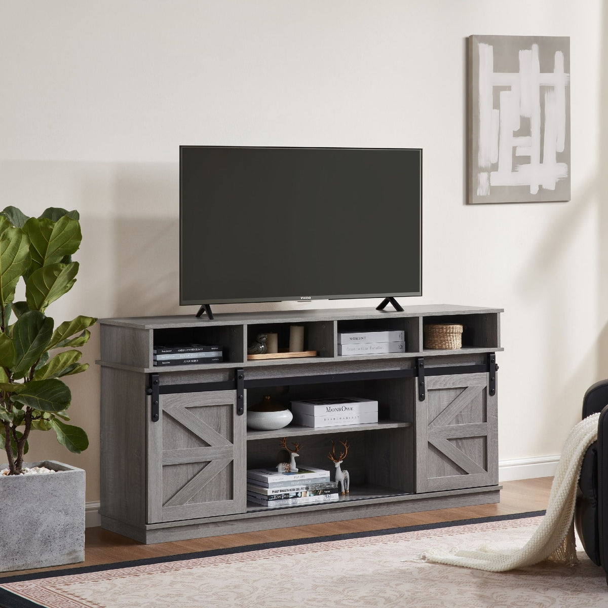 Modern Farmhouse Style TV Stand Sliding Barn Door Wood Entertainment Center Storage Cabinet Adjustable Shelves for TVs 65\" 65\"
