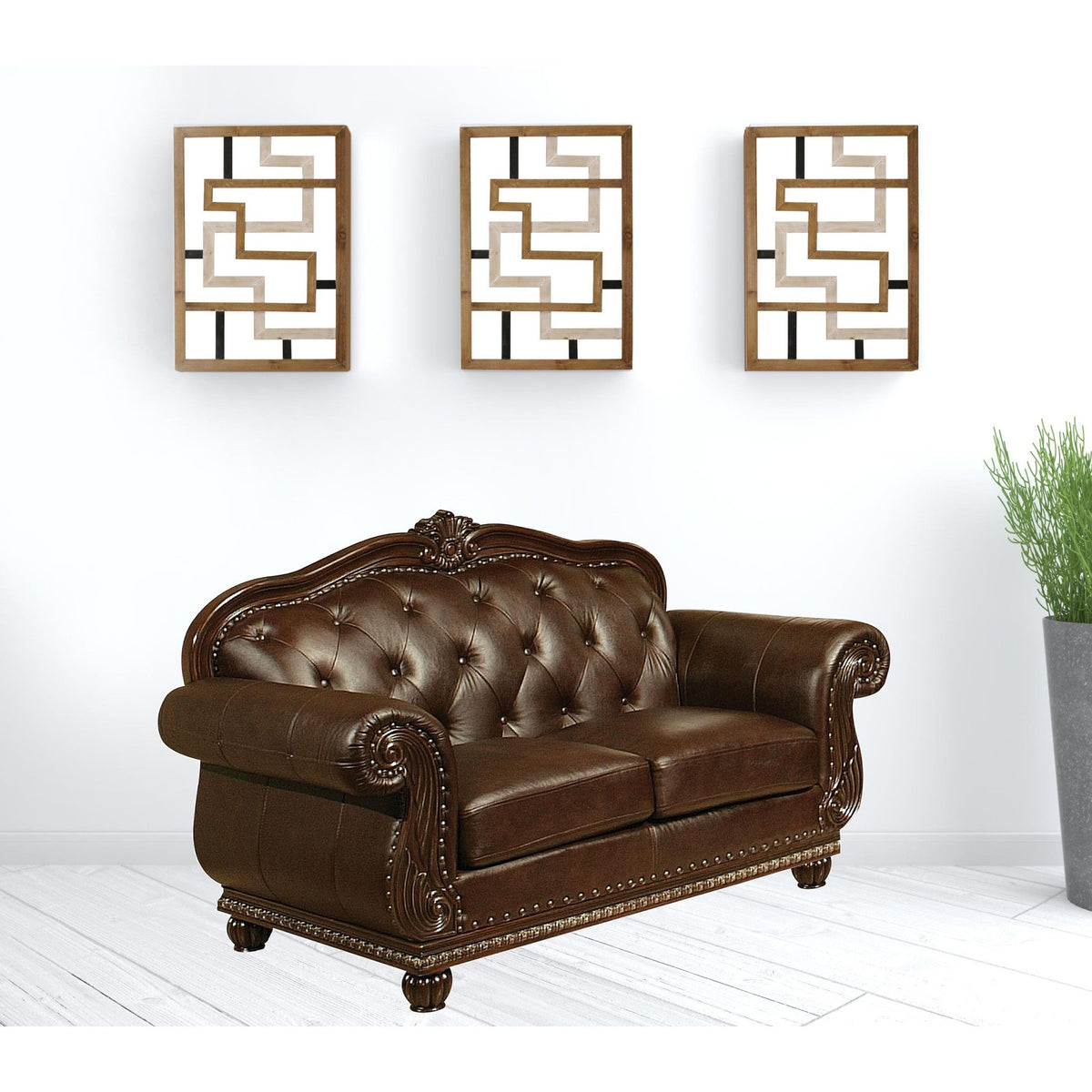 HMS 70 Espresso Faux Leather and Black Nailhead Love Seat Stylish Living Room Chair