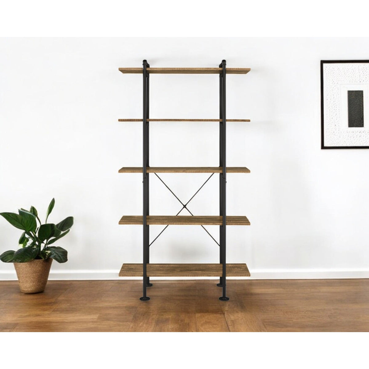 HMS 73 Five Tier Etagere Bookcase in Brown and Black Metal Stylish Five-Level Display Unit