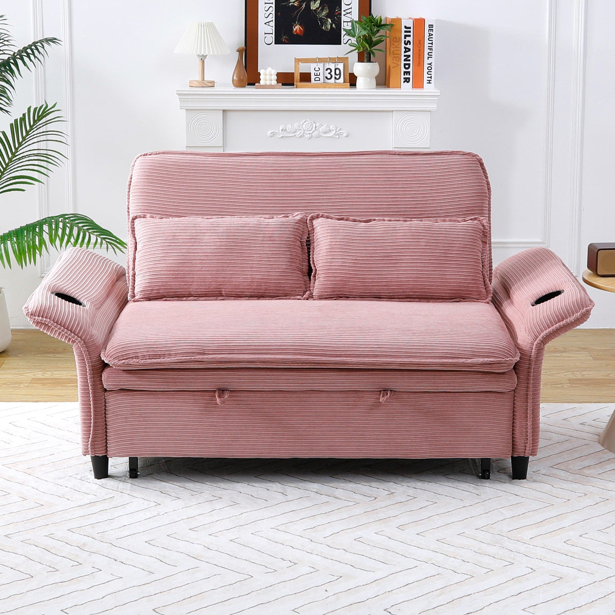 Adjustable Armrests and Backrests 65.74-Inch  Striped Fabric Multi-Functional Sofa Bed for Bedrooms and Living Rooms