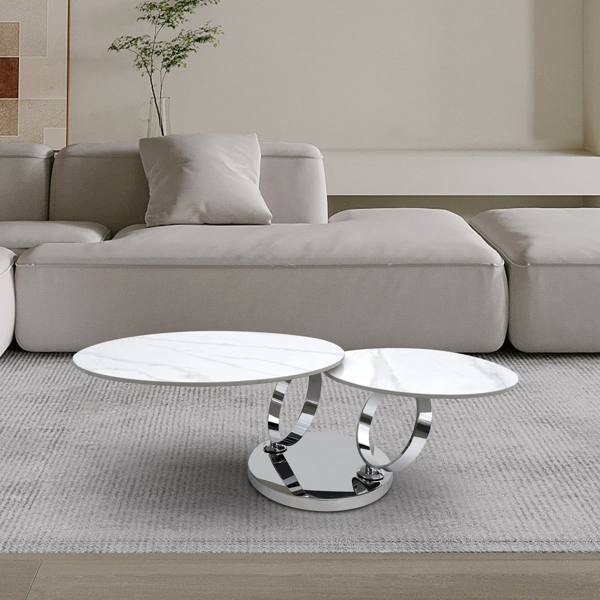 HMS 32\" White and Silver Ceramic Tile and Metal Round Abstract Coffee Table