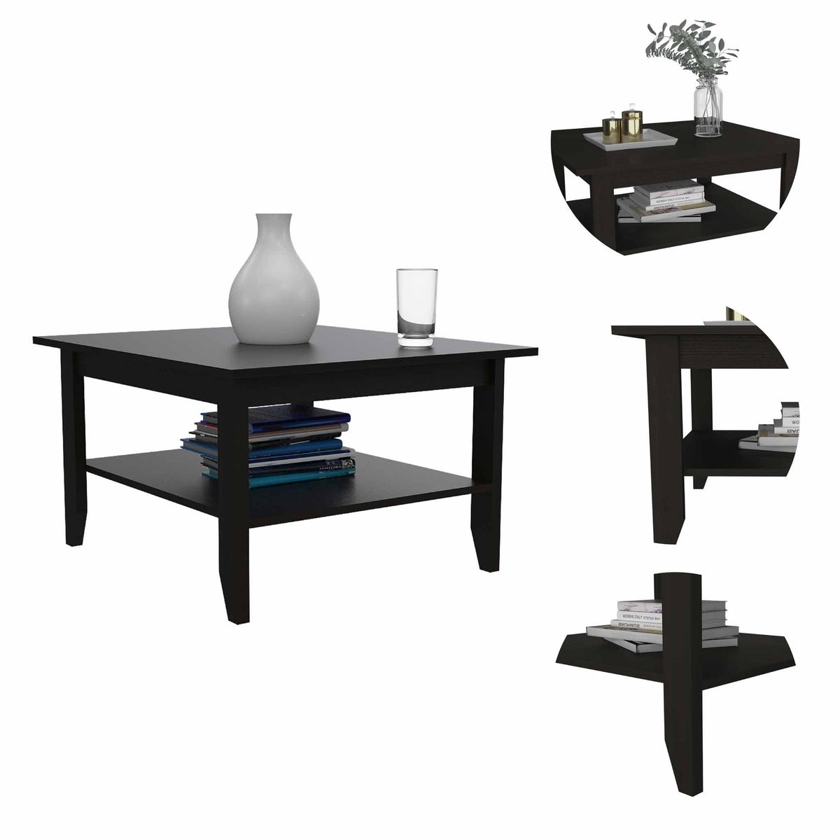 Antique-Style HMS 32\" Black Coffee Table with Shelf Wood and Metal Construction for Living Room Dining or Home Furniture Use