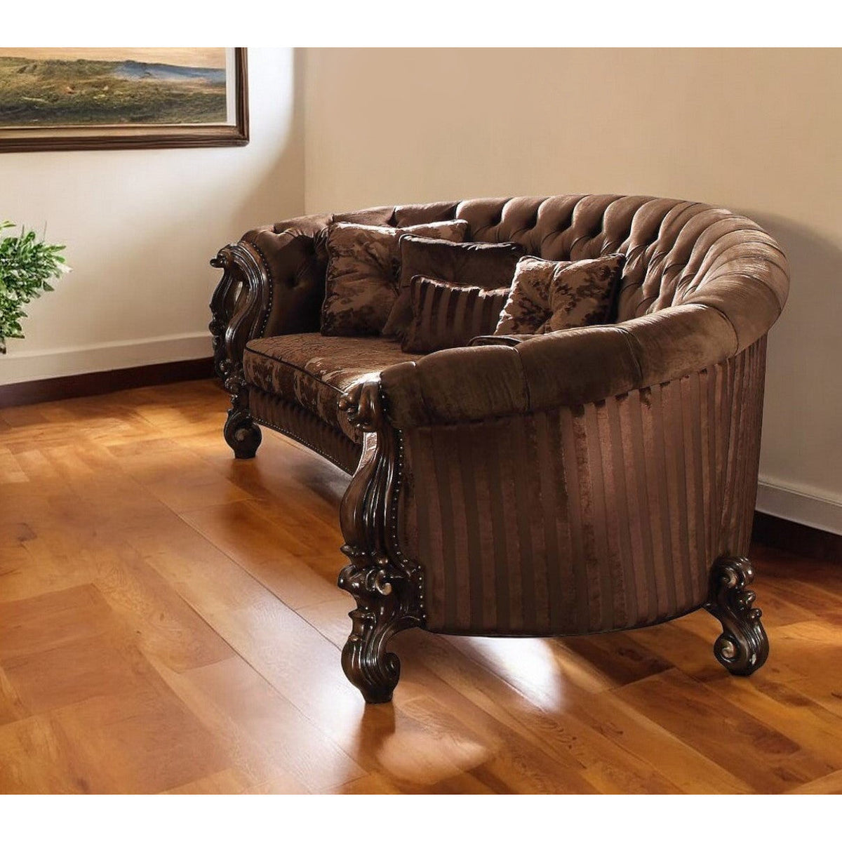 HMS 55 Brown Velvet Curved Sofa Set with Toss Pillows for Living Room