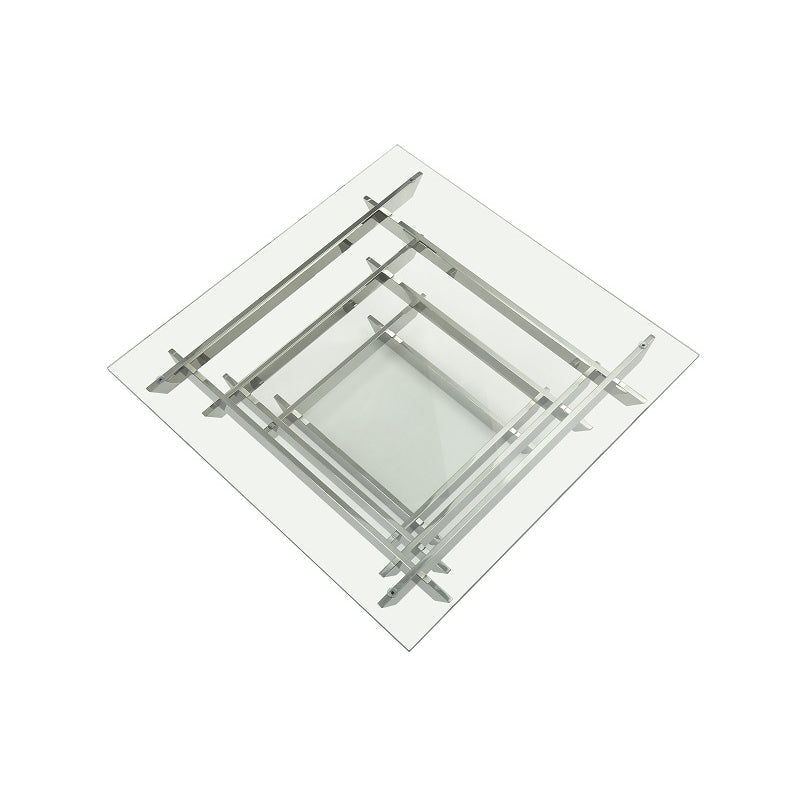 HMS 39\" Clear and Silver Glass Square Stainless Steel Coffee Table with Shelf Sleek Square Sled Design