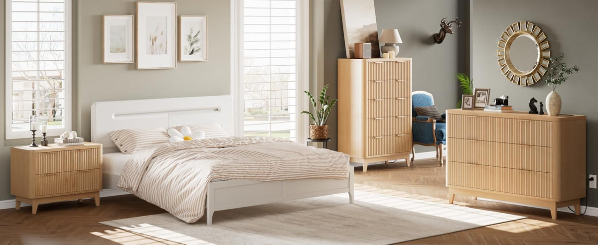 Modern Natural Oak Fluted 6-Drawer Dresser Power Outlet Curved Profile Design for Bedroom Clothing Storage TV Stand Closet