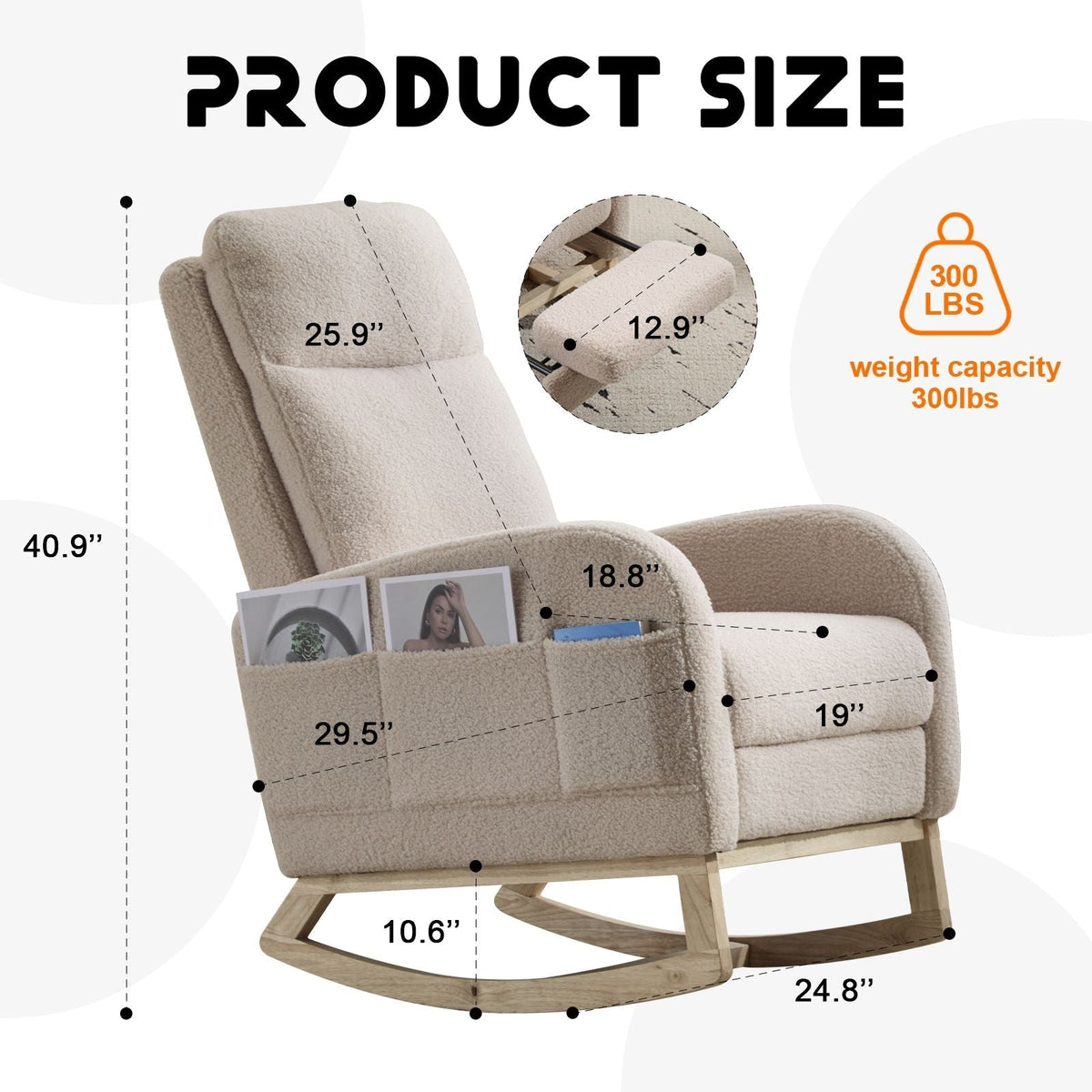 Modern Accent Armchair High Backrest Solid Wood Legs Beige Upholstery Comfortable Rocking Nursery Glider for Living Room Side