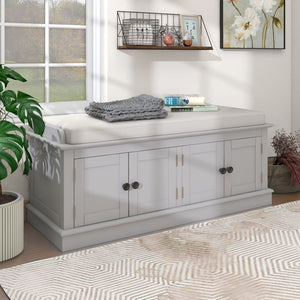 Storage Bench with 4 Doors and Adjustable Shelves, Shoe Bench with Removable Cushion for Living Room