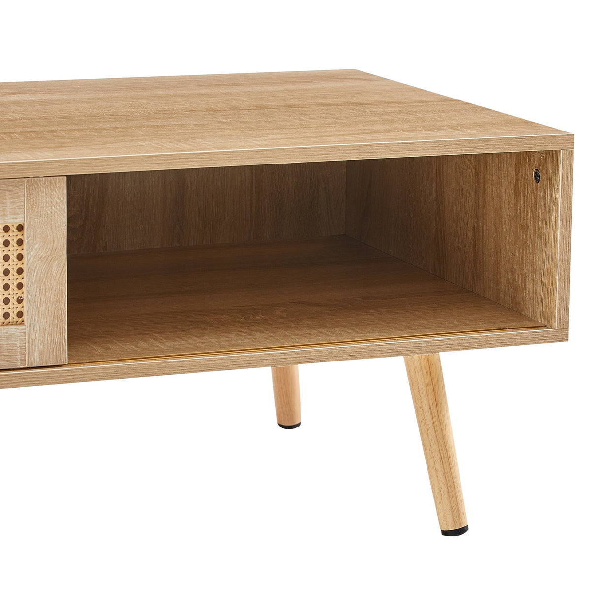 Rattan Coffee Table with Sliding Doors & Open Storage Shelf, Mid-Century Center Table for Small Space, Natural