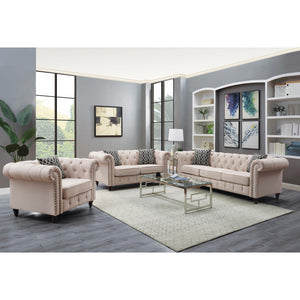 HMS 45 Beige and Black Linen Tufted Chesterfield Chair with Toss Pillow Elegant Living Room Furniture