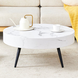 31.5 White Marble-Patterned MDF Round Coffee Table with Black Metal Feet FCJ Design