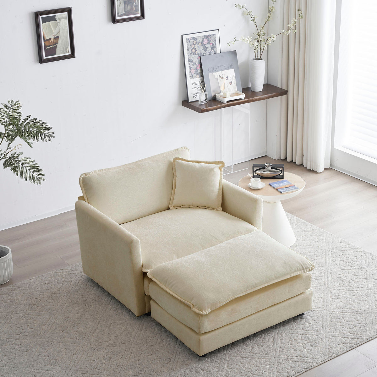 Modern Accent Chair with Ottoman Living Room Club Chair Chenille Upholstered Armchair Reading Chair for Bedroom