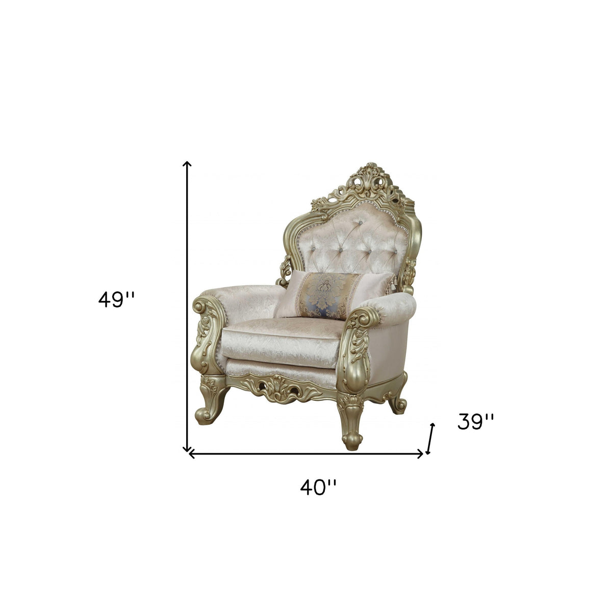 HMS 40\" Cream and Antiqued White Fabric Damask Tufted Arm Chair with Toss Pillow Elegant Living Room Furniture
