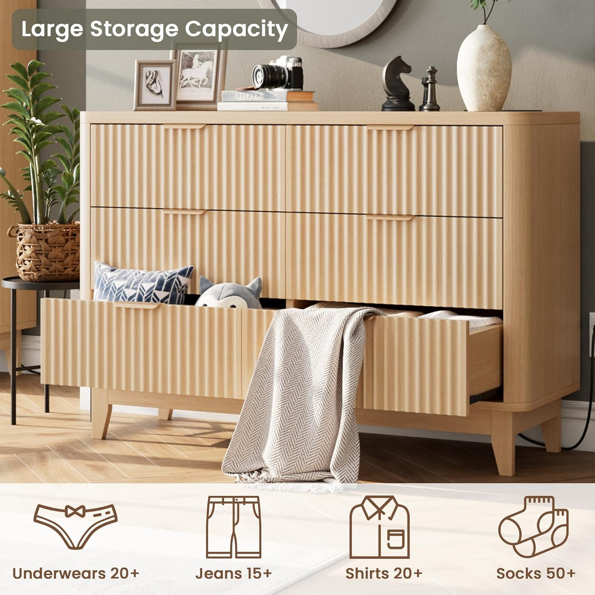 Modern Natural Oak Fluted 6-Drawer Dresser Power Outlet Curved Profile Design for Bedroom Clothing Storage TV Stand Closet