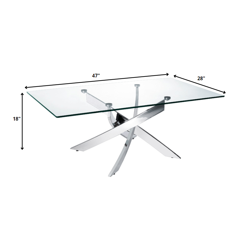 HMS 47\" Clear and Silver Glass Coffee Table with Steel Cross Legs