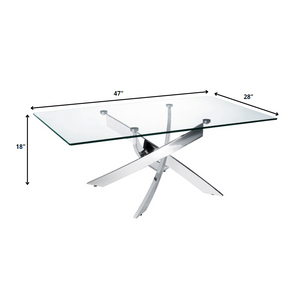 HMS 47\" Clear and Silver Glass Coffee Table with Steel Cross Legs