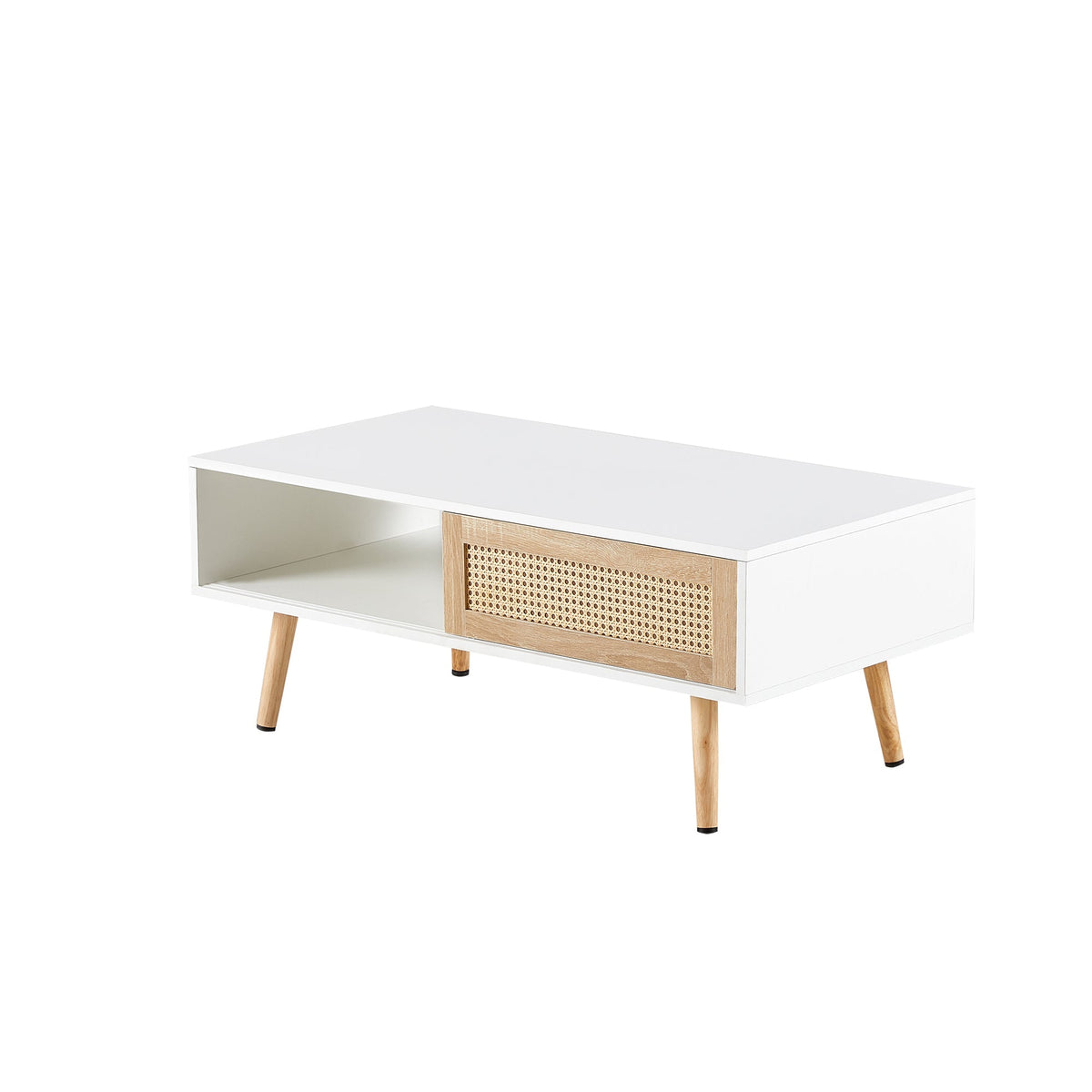 Natural Rattan Coffee  Mid-Century Center Table for Small Space Table with Sliding Doors & Open Storage Shelf
