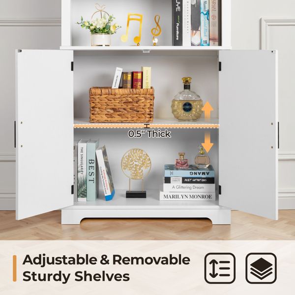 FCH 3-Layer Double Door Display Cabinet 2-Z Shape Black Iron Corners Front Curved Base White Triammine Board Living Room