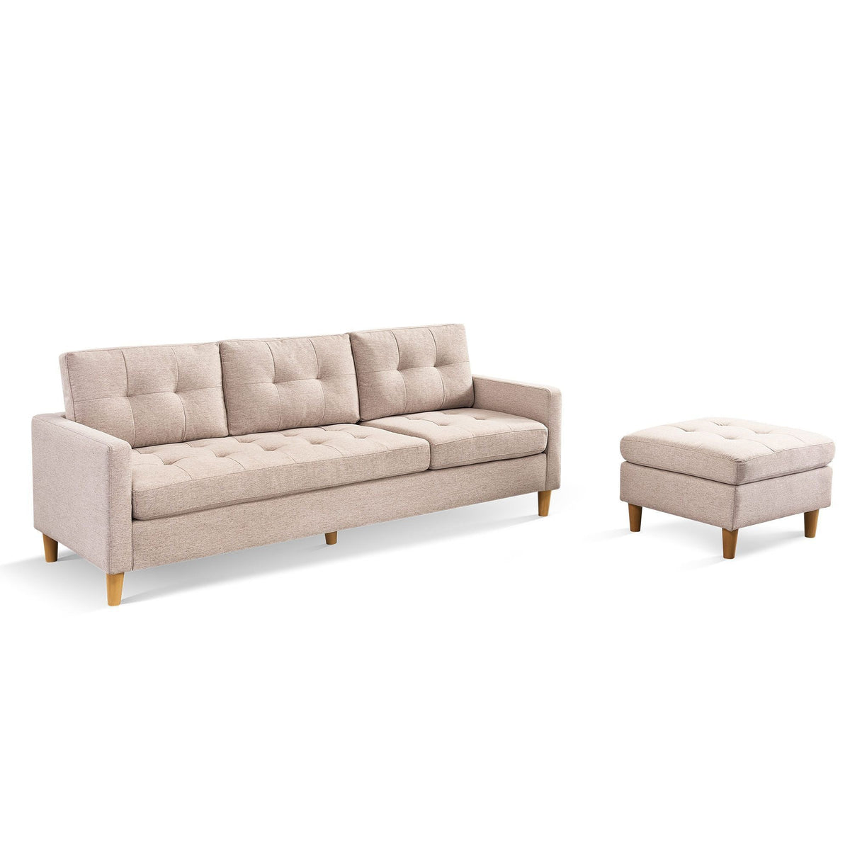 HMS 87 Beige Polyester Blend Chesterfield L-Shape Sofa Set for Home Living Rooms with Ottoman & Natural Legs