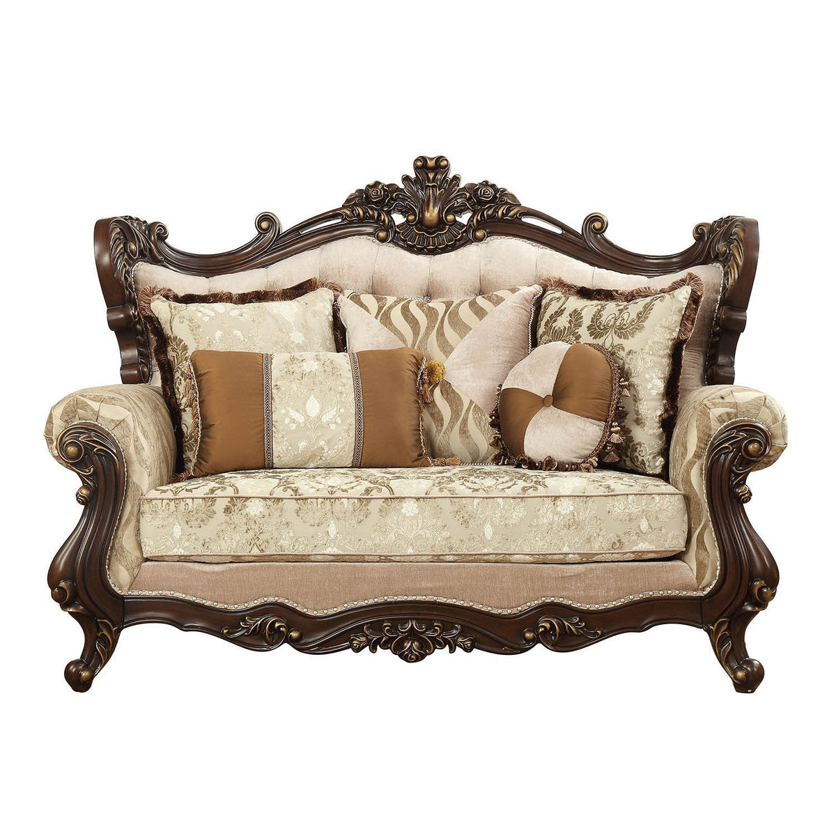HMS 70 Beige and Brown Chesterfield Loveseat Set Genuine Leather 2-Seater with Toss Pillows for Living Room