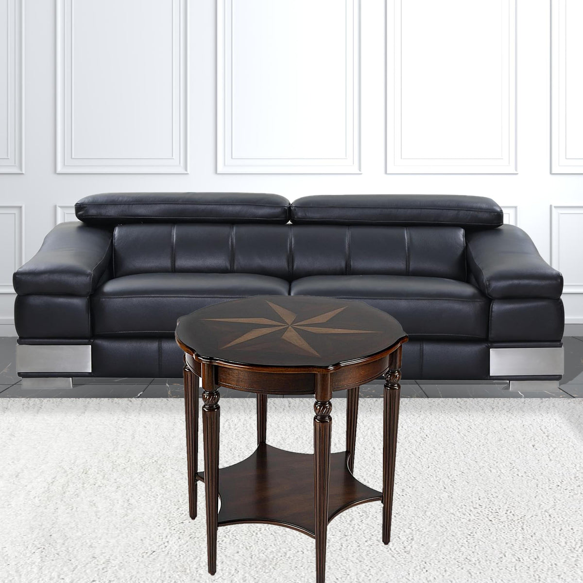 HMS 28\" Convertible Brown Wood Round Coffee Table Side Table for Living Room Home Furniture with Metal Shelf