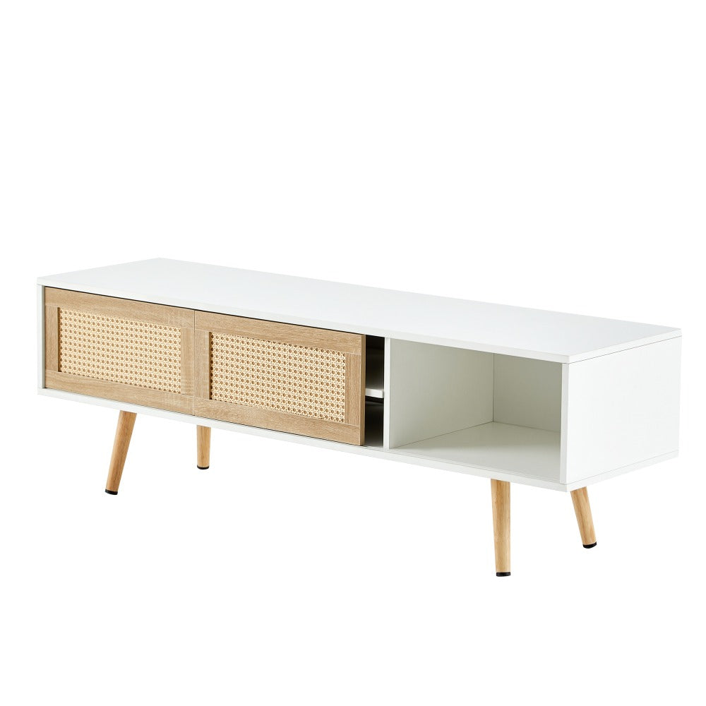 55.12" Rattan TV cabinet, double sliding doors for storage, adjustable shelf, solid wood legs, TV console for living room , Whit