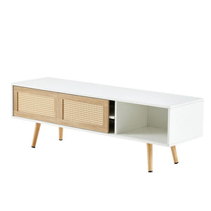 55.12" Rattan TV cabinet, double sliding doors for storage, adjustable shelf, solid wood legs, TV console for living room , Whit