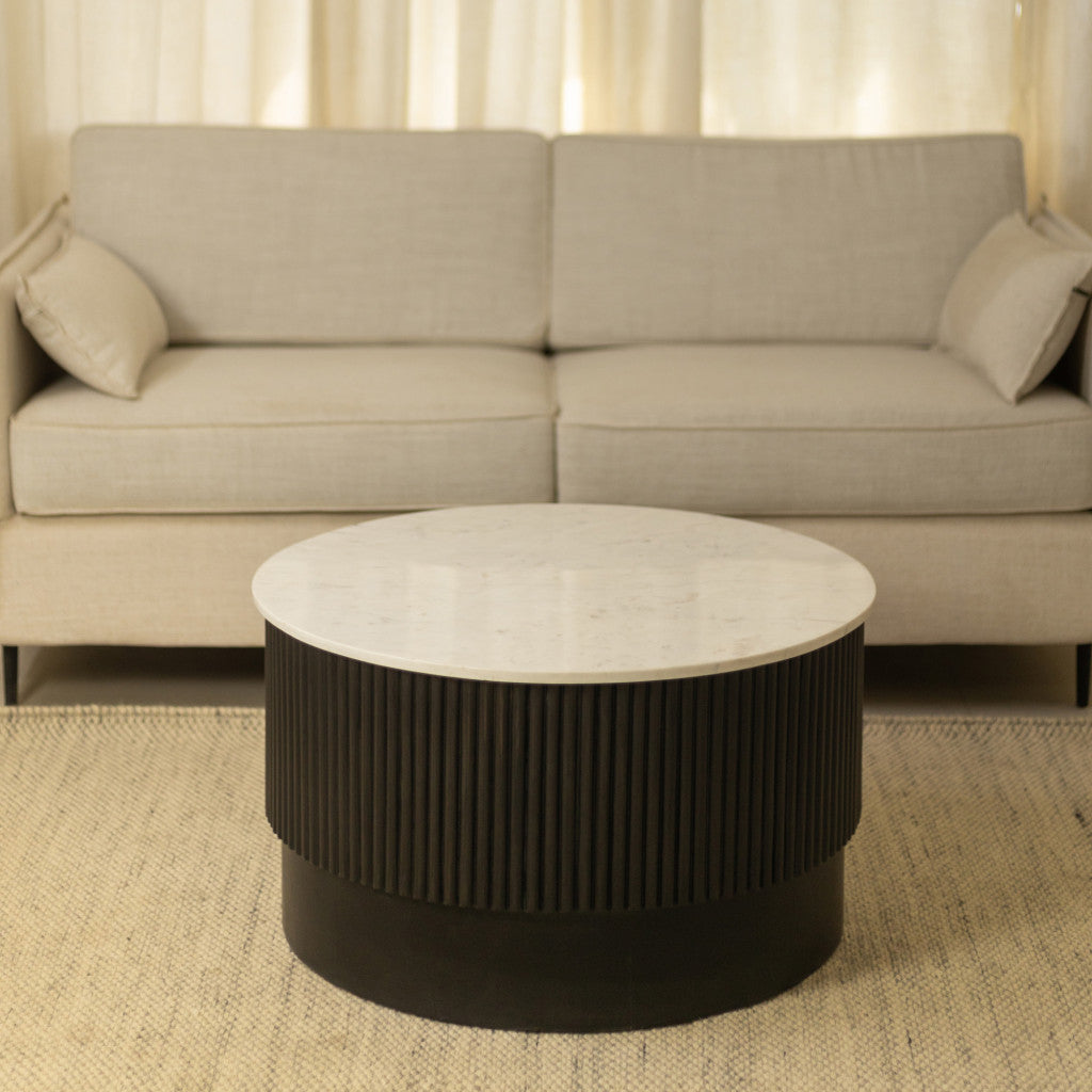 HMS 31\" White and Dark Brown Genuine Marble Drum Coffee Table with Solid Wood Round Design