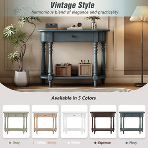 Navy Retro Entryway Console Table with Open Shelf and Top Drawer Narrow Curved Corner Sofa Table for Living Room and Hallway