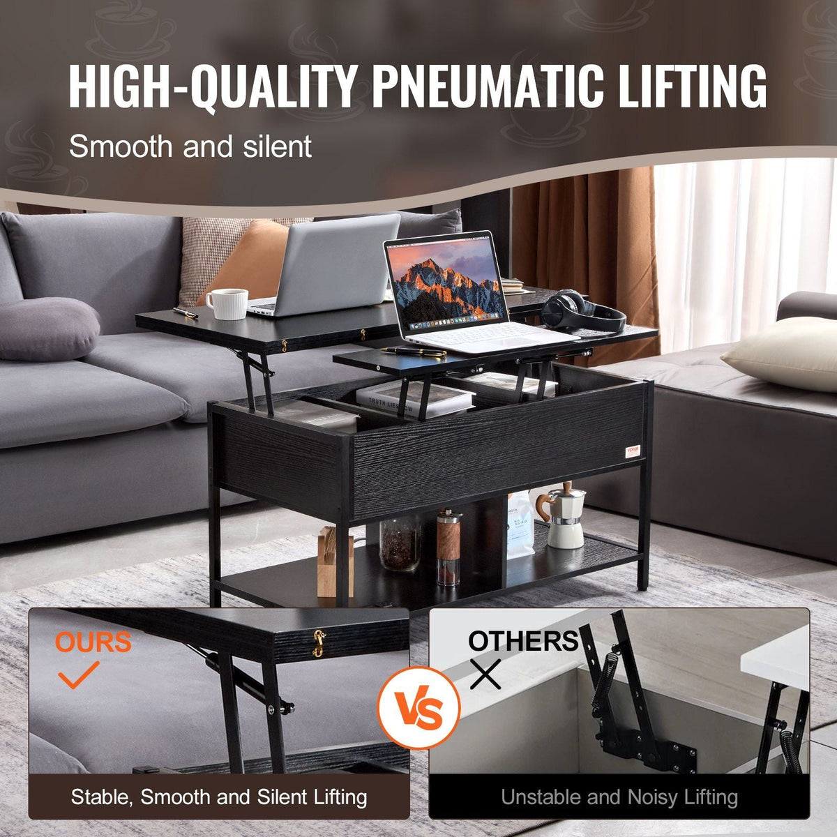39.4\" Rectangle Lift Top Coffee Table with Light & USB Black Color
