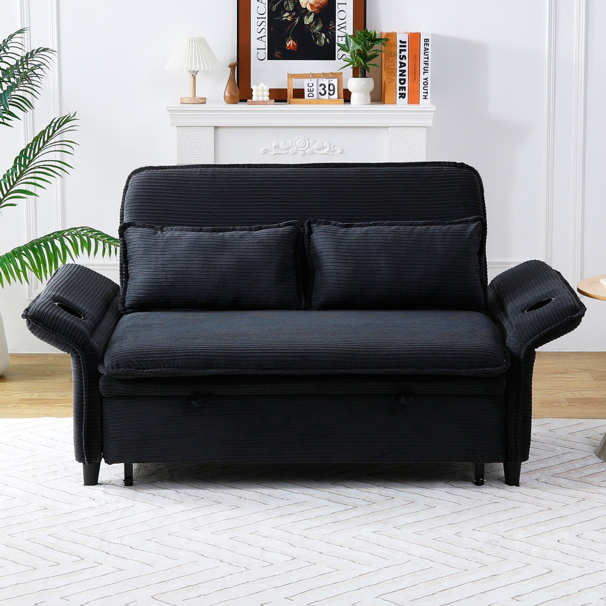 Adjustable Armrests and Backrests 65.74-Inch  Striped Fabric Multi-Functional Sofa Bed for Bedrooms and Living Rooms