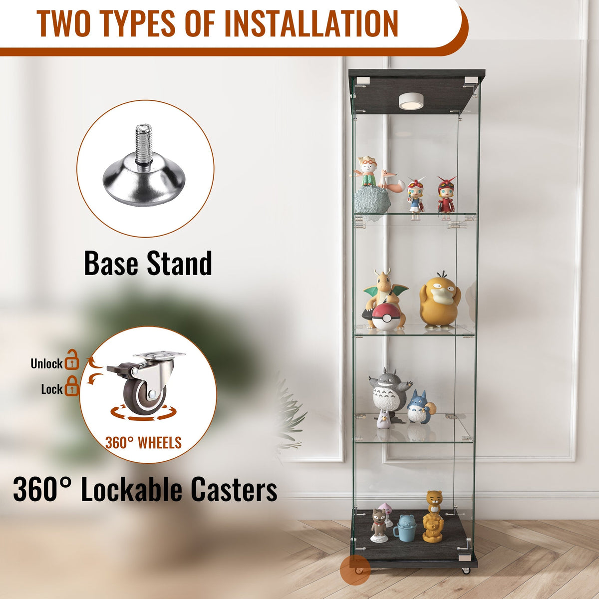 Modern Glass Display Cabinet with LED Lights Black Kitchen Cabinets Storage Cabinet with Wheels Living Room Furniture