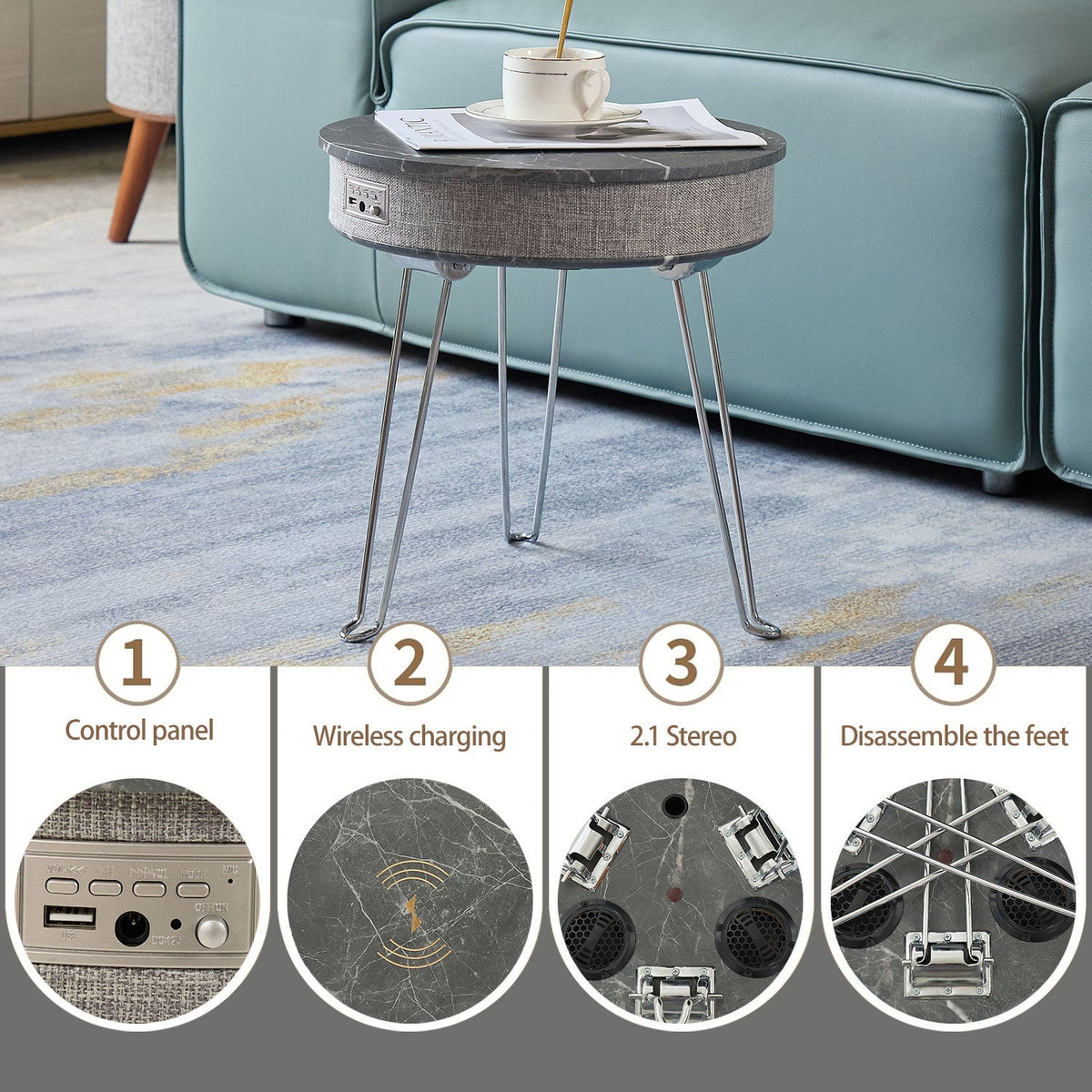 Scandinavian Style Smart Music Coffee Table Multi-Functional Wireless Charging Bluetooth Audio Foldable Small Side Living Room