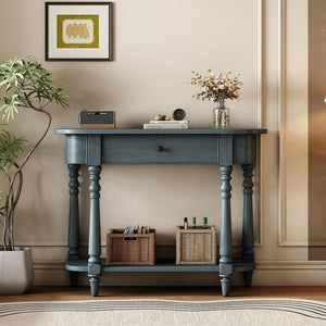 Navy Retro Entryway Console Table with Open Shelf and Top Drawer Narrow Curved Corner Sofa Table for Living Room and Hallway