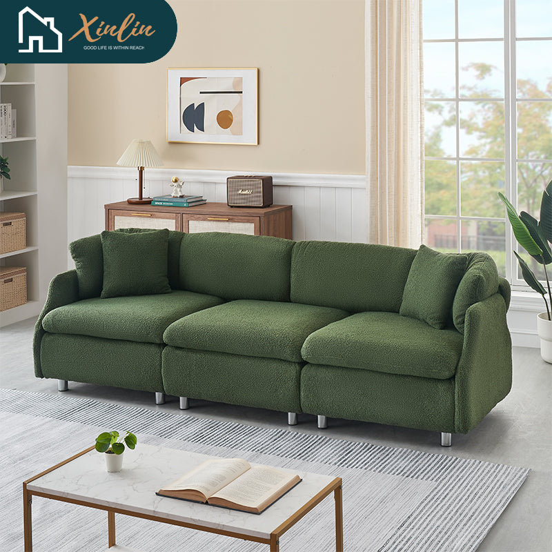 Modern 95.3-Inch Velvet Sofa With Two Throw Pillows Spacious and Comfortable Three-Seater Free Shipping