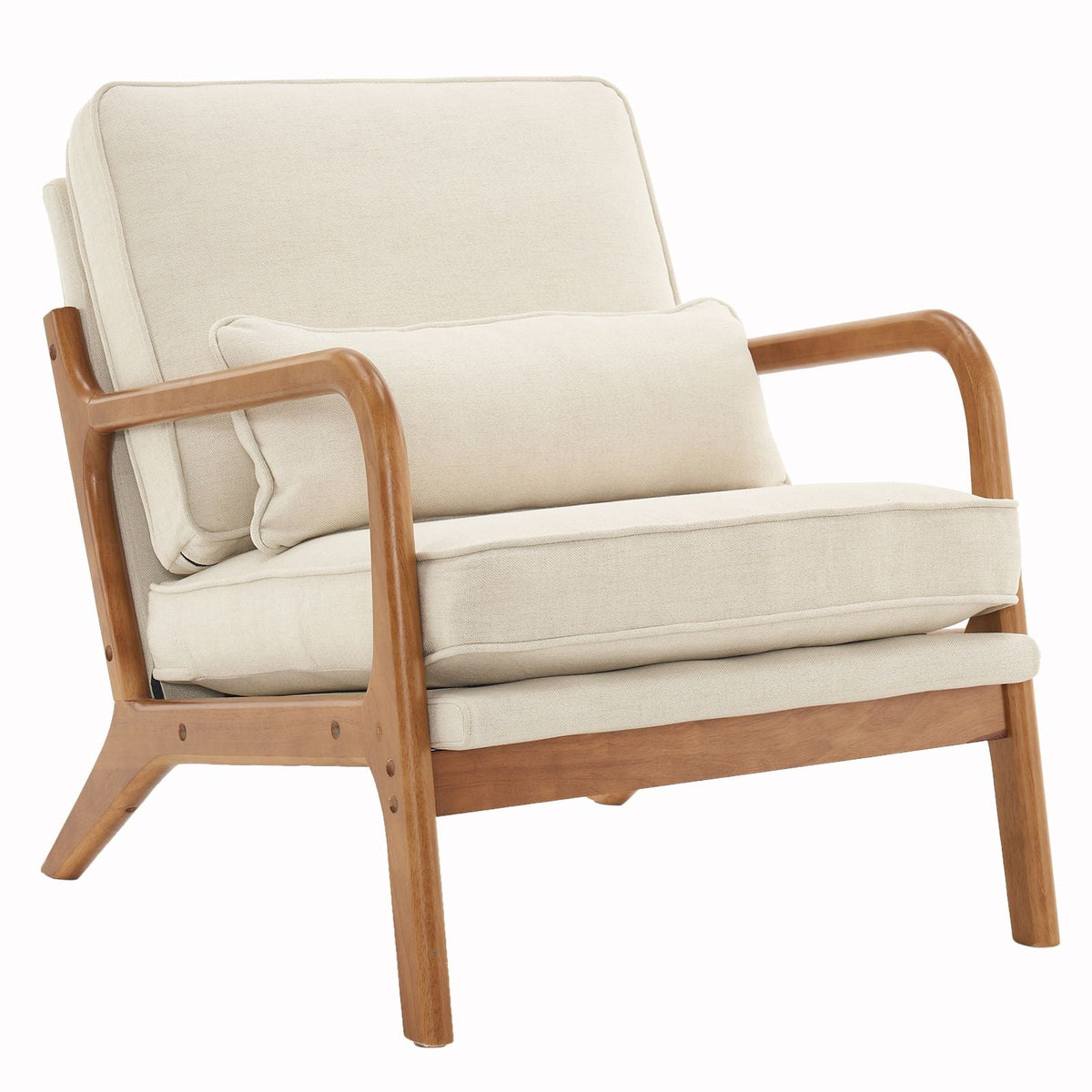 Single Indoor Lounge Chair with Oak Armrests Oak Upholstered Off-White for Living Room