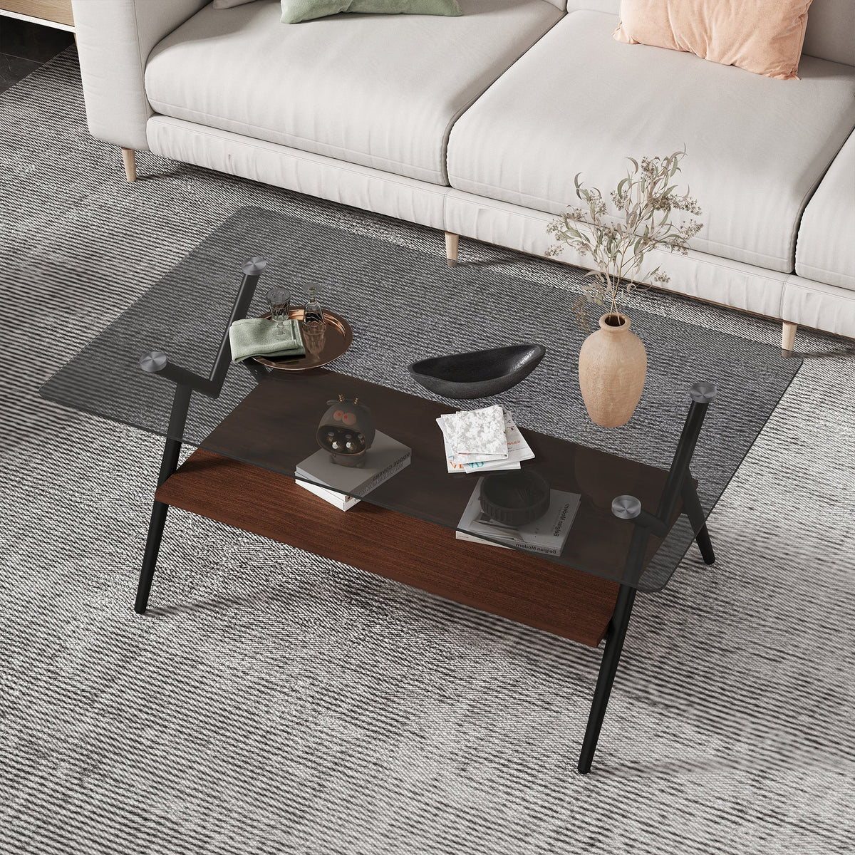 Trending New Two Layer Coffee Table Tempered Glass Top and Metal Legs Modern Table Console Table for Living Room Furniture